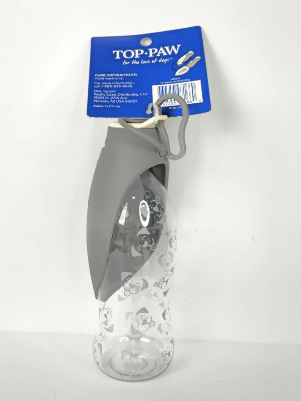 TOP PAW Travel 19 oz Dog Water Bottle with Foldable Silicone Bowl Gray New